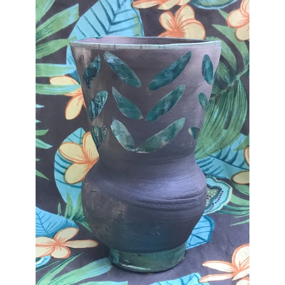 Raku Pottery Vase with Green Leaves on dark charcoal gray - Picture 2 of 8